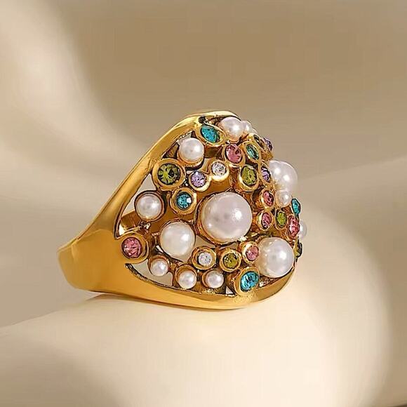 Gold Plated Multicolor Zircon, Pearl Statement Ring - Picture 4 of 7